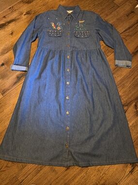 y2k denim golf embroidered button dress with shoulder pads size womans L (12-14)